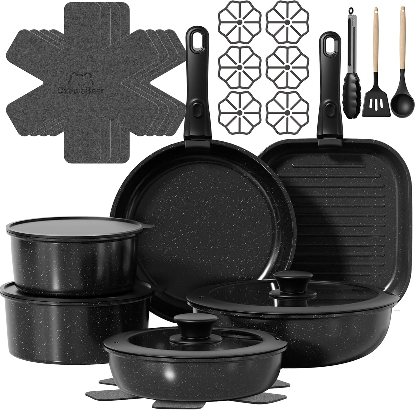 OzawaBear 26 Pcs Pots and Pans Set Non Stick, Ceramic Cookware Set Non Toxic with Detachable Handles, Healthy Induction Cookware Oven Safe RV Kitchen Set, PFAS PFOA & PTFE Free, Black