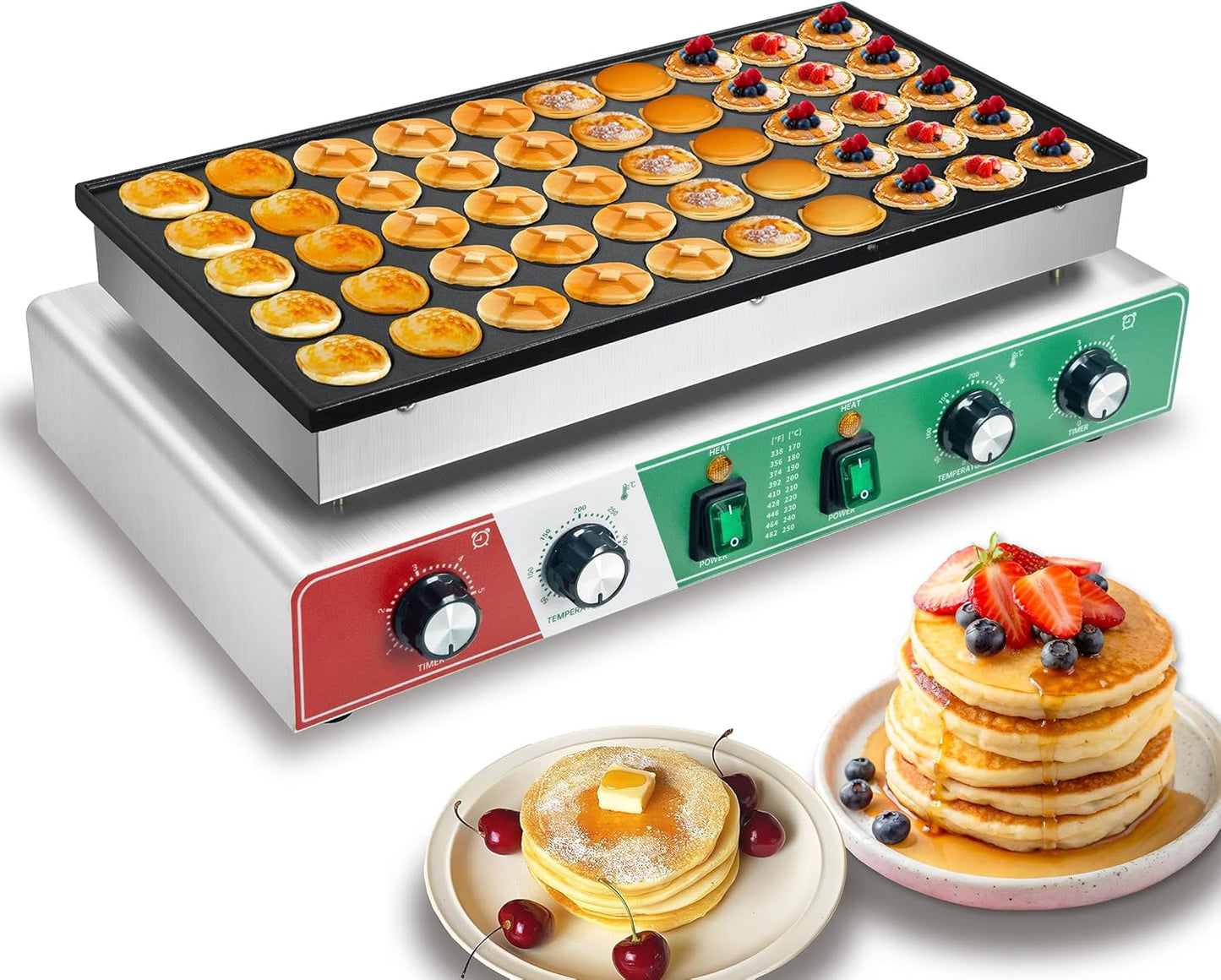 1800W Commercial Pancake Maker Machine, 110V Electric Nonstick Poffertjes Grill with 2 Timers & Thermostats, Makes 50PCS 1.6 Inches Pancakes for Home Kitchen, Restaurant