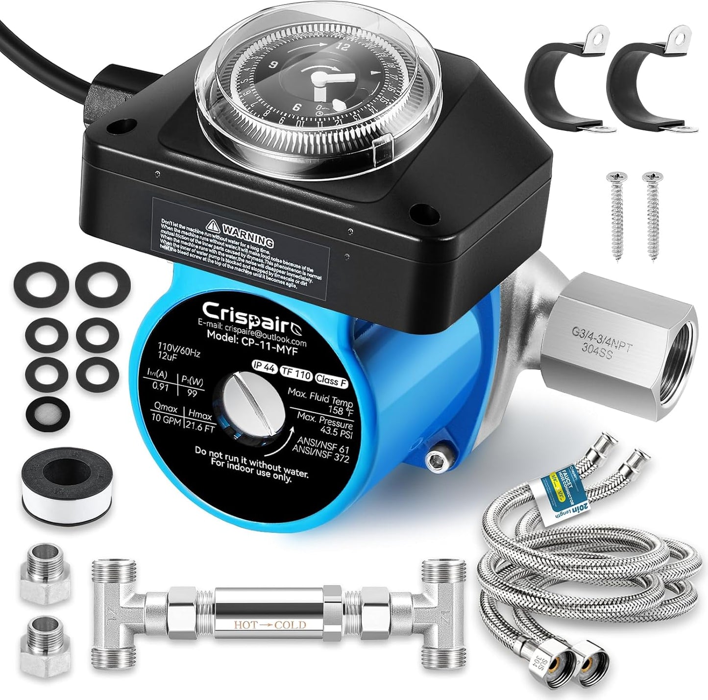 Instant Hot Water Recirculating Pump Kit with 304 Stainless Steel Bypass Valve for Tank Water Heaters Includes All Installation Components, And 20-Inch PEX Supply Lines for Potable Water