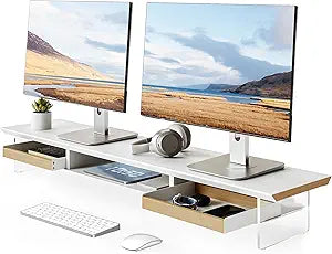 Fenge Dual Monitor Stand with Drawer, 42.5 Inch Large Monitor Riser with Acrylic Legs Supports, Computer Stand for Desk, 2 Tier Wood Desk Shelf with Storage Organizer for PC, Laptop, Printer, TV
