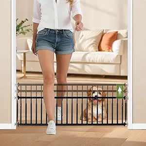 10''-15.8'' Height Adjustable Dog Gate, Extra Wide 18.1"-46" All Metal Short Dog Gate to Step Over, Pressure Mount Small Pet Puppy Gate for Stairs & Doorways(Black)