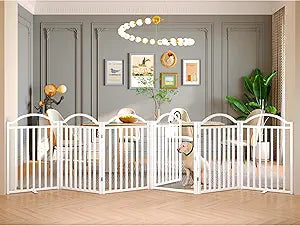 BHG Metal No-Assembly Freestanding Dog Gate with Door Walk Through, Extra Wide 144", Extra Tall 32" Pet Gate, Accordion Puppy Folding Playpen Dog Fence for Indoor & Outdoor, with 2PCS Support - White