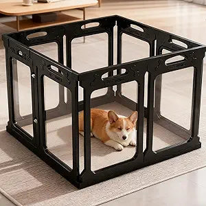 Clear Acrylic Dog Playpen with Door for Puppies & Small Dogs, 8 Panels, Black