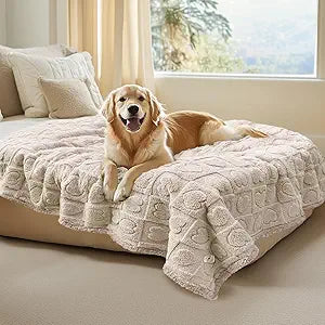 Luciphia Waterproof Dog Blanket for Medium Large Dogs Washable Bed Couch Protector Soft Fluffy 3D Heart Jacquard Pet Blanket with Sherpa Fleece Cozy Calming Throw Blankets, Beige 85x57 inch