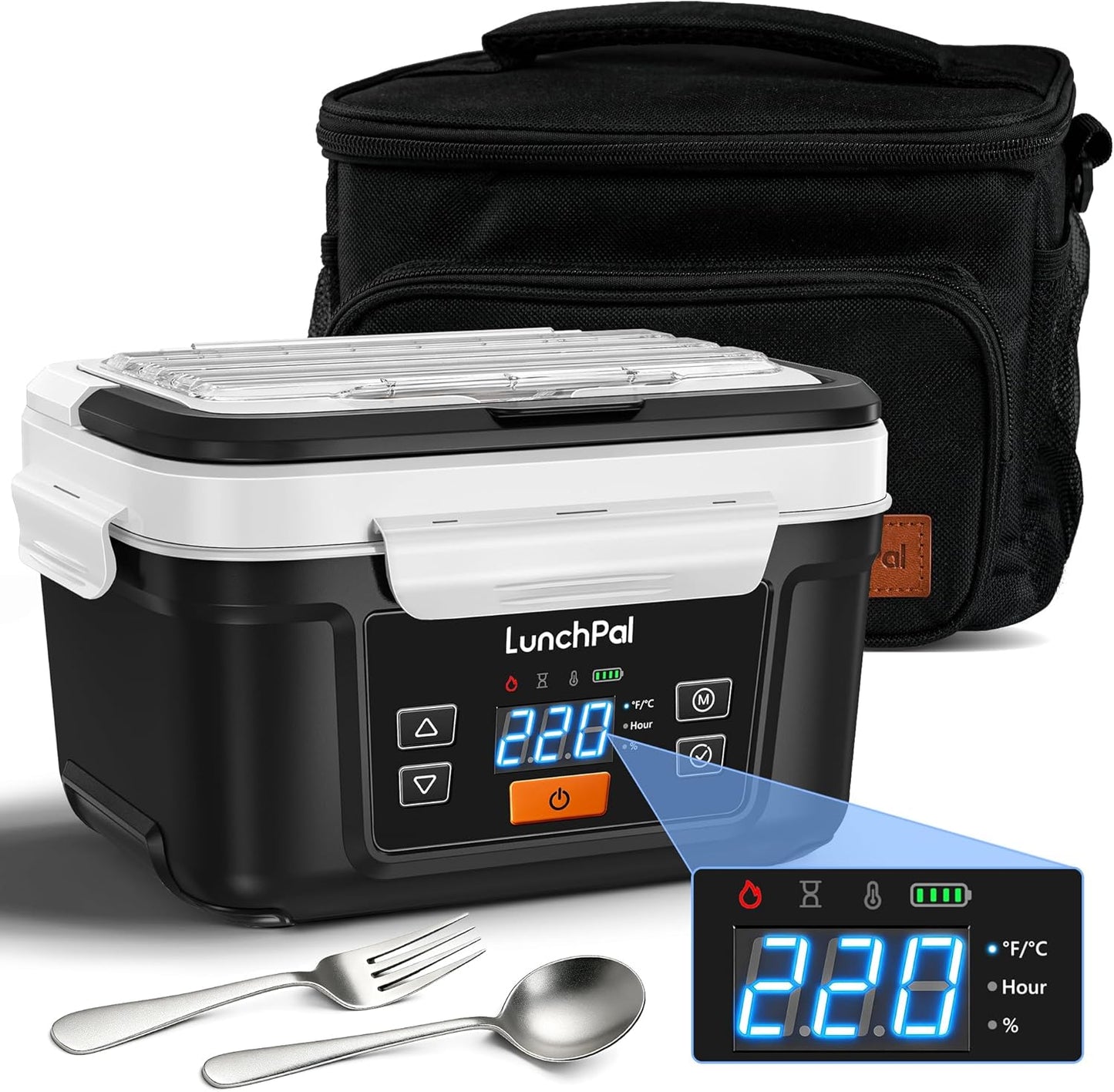 Cordless Electric Heated Lunch Box, 5.7-Cup Portable Rechargeable Food Warmer with 220℉ 5-Side Heating, Smart Scheduled Heating & Keep Warm, Includes Insulated Bag &Fork Spoon, Design for Outdoor Work