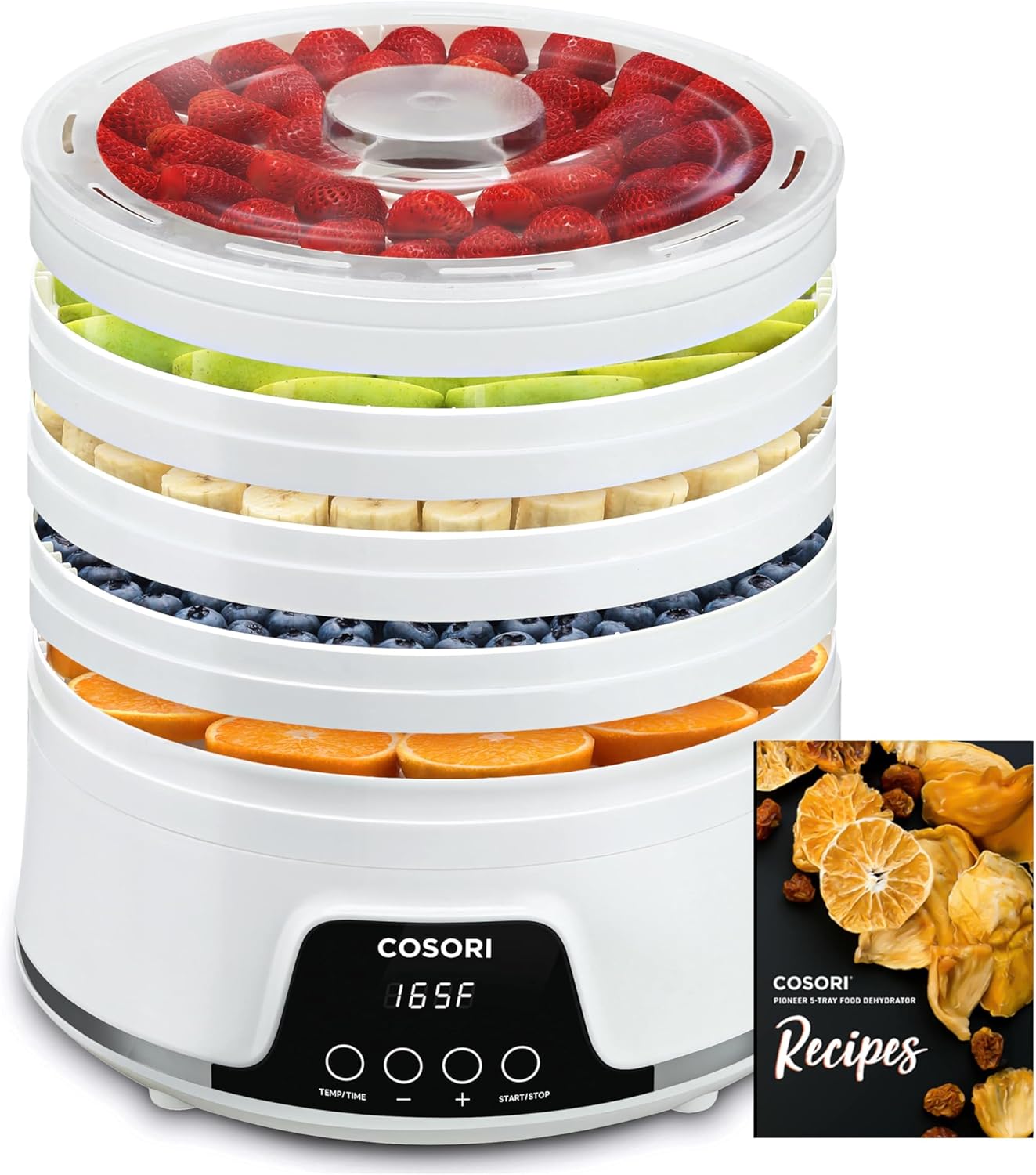 COSORI Food Dehydrator Machine for Jerky, 5 Trays with 165Β°F Temperature Control and 48H Timer, 350W Dryer for Fruit, Herbs, Meat, Veggies and Dog Treats, 50-Recipes Book Included