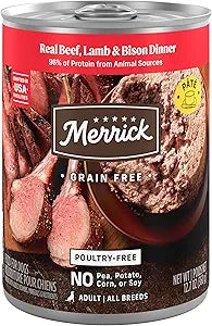 Merrick Grain Free Premium And Natural Canned Dog Food, Soft And Healthy Poultry Free Wet Recipe, Real Beef Lamb And Bison - (Pack of 12) 12.7 oz. Cans