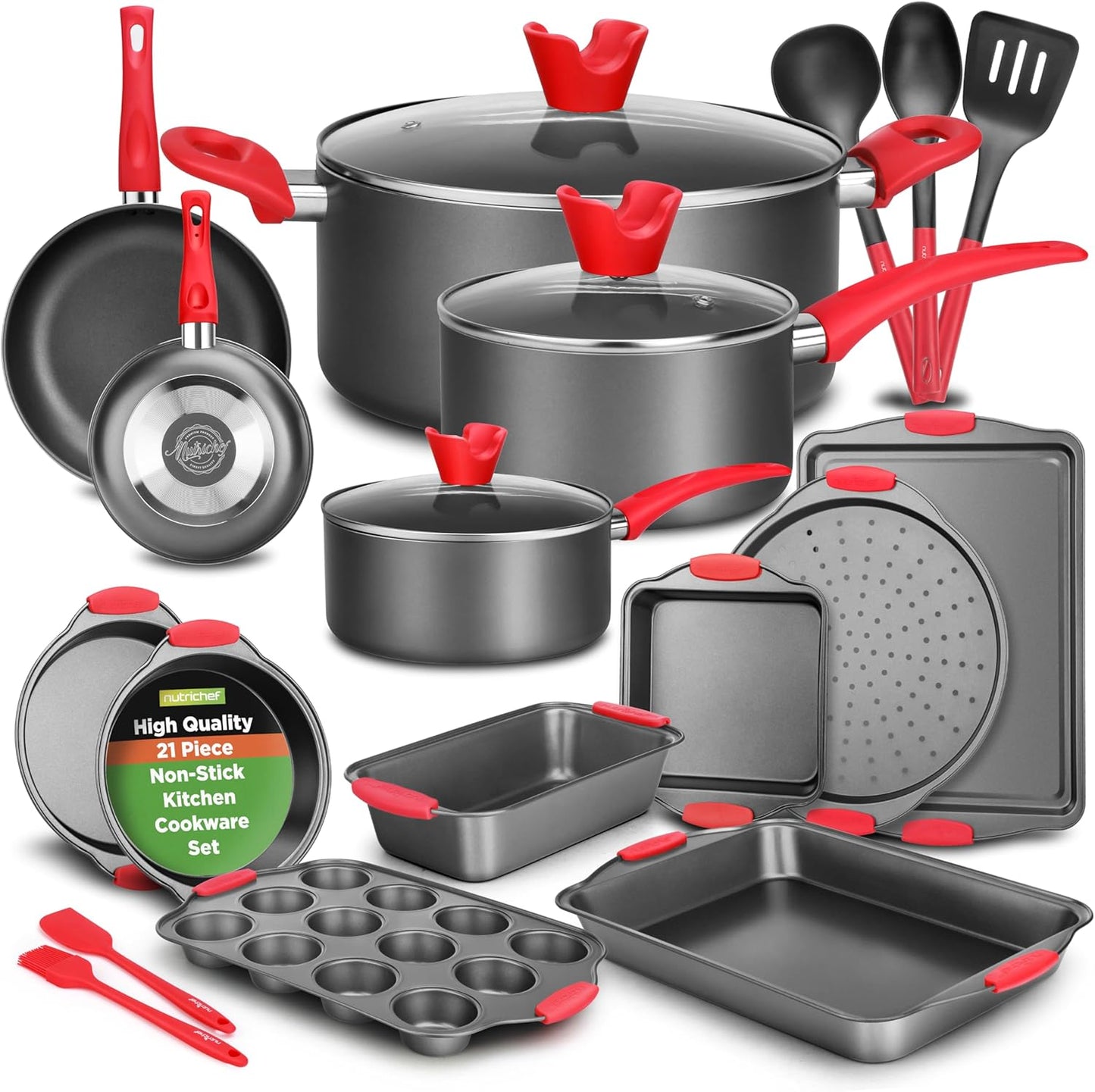 NutriChef 21-Piece Nonstick Cookware Set - PTFE\/PFOA\/PFOS Free Heat Resistant Lacquer Kitchen Ware Pots Pan w\/ Cool-Touch Handles, Saucepan, Fry Pans, Lid, Bakeware, For Gas Electric Ceramic Cooktops
