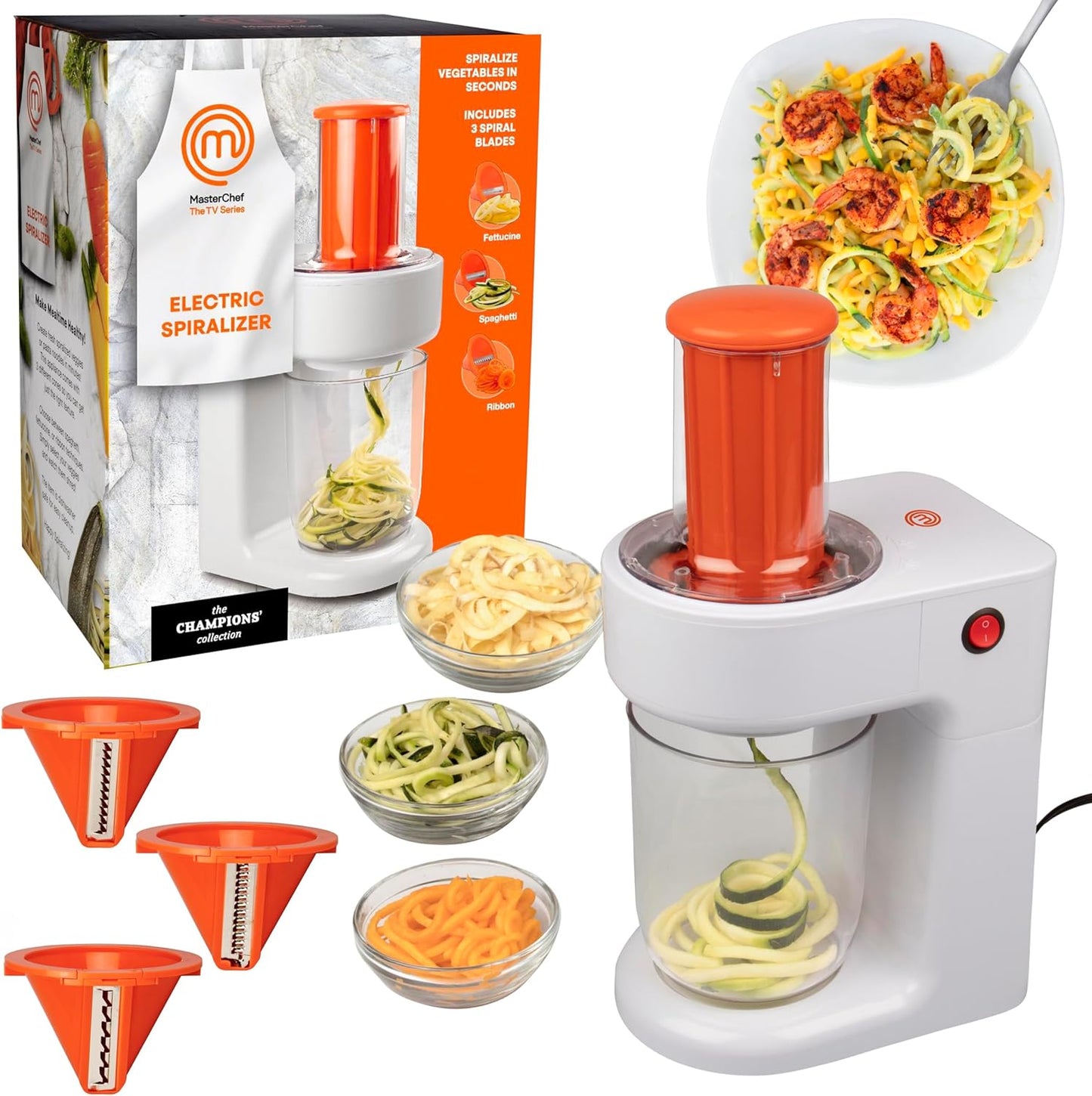 MasterChef Electric Spiralizer- 3-in-1 Vegetable Noodle Pasta Maker- Homemade Low Carb, Keto, Vegan, Gluten Free- Zoodle Zucchini Veggie Slicer & XL Hopper, FREE Recipes- Quick Healthy Meal Prep Gift