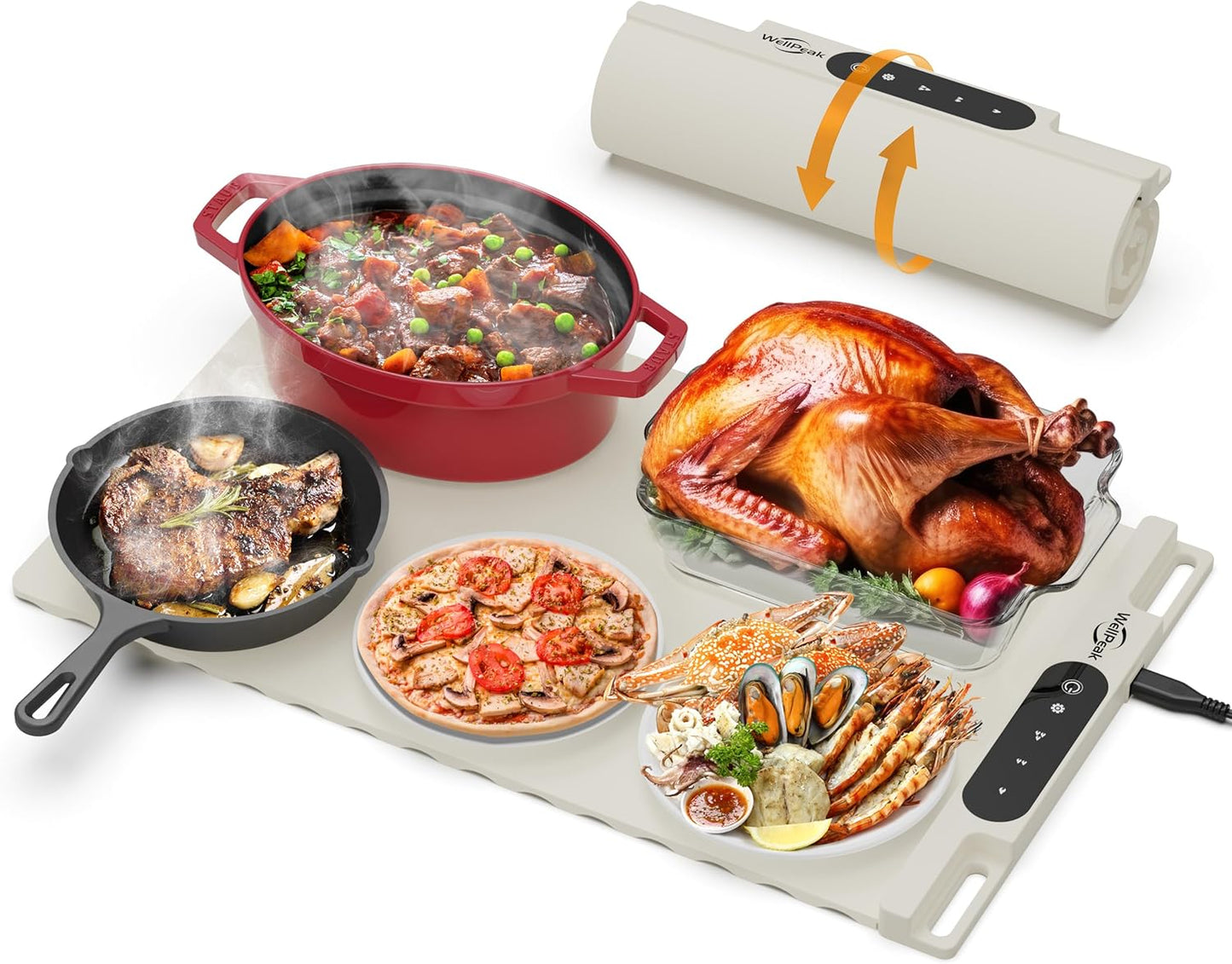 WELLPEAK Electric Warming Mat for Food - Full Surface Fast Heating Silicone Tray with 3-Level Temperature, Auto-Off, Raised Feet for Table Protection, Versatile Warmer for Gatherings Parties Buffets