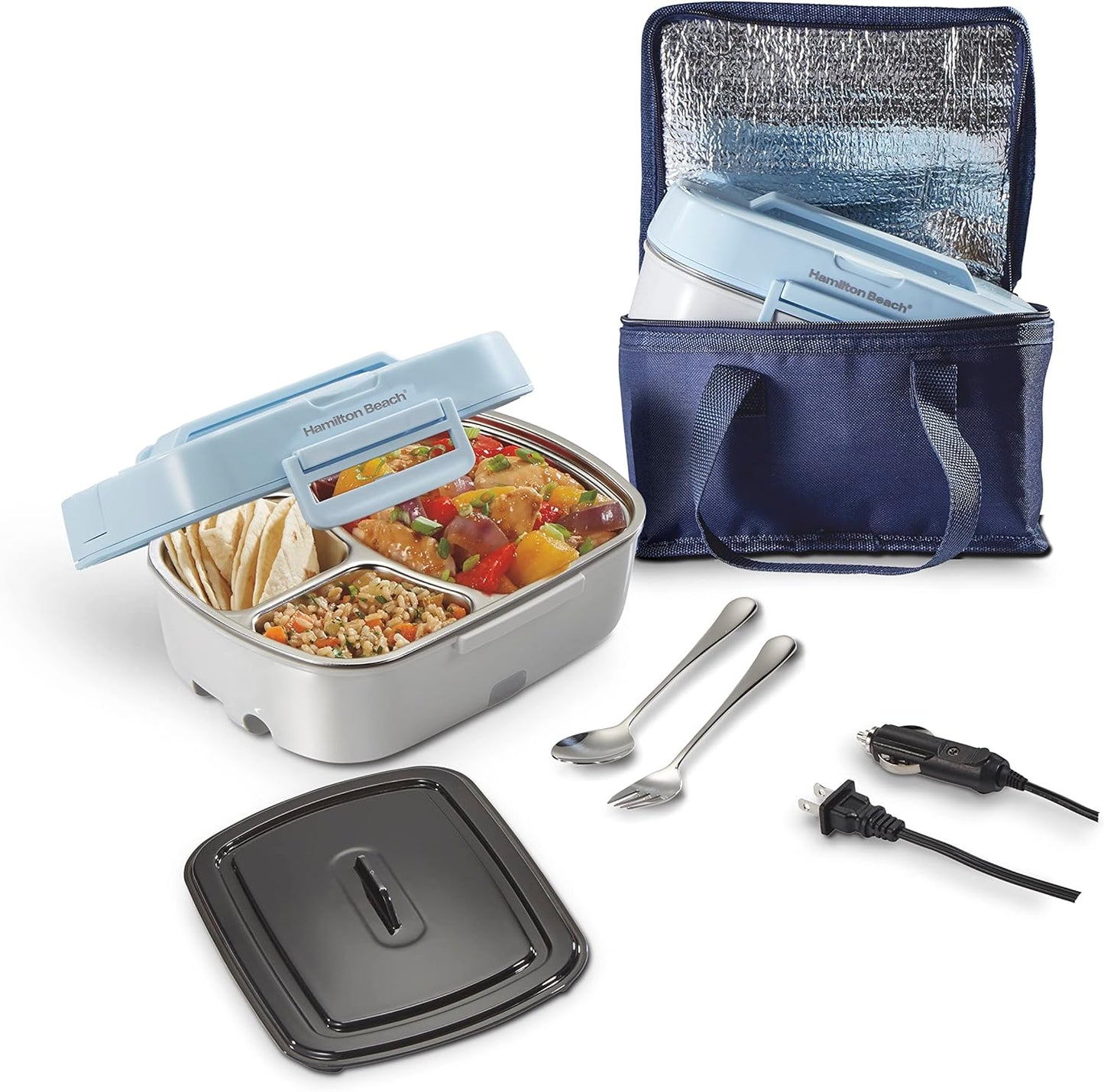Hamilton Beach Portable Electric Lunch Box Food Warmer for Office & Car with 12V Adapter, 120V Plug, Stainless Steel 3 Compartment Tray, Insulated Carrying Bag, Fork & Spoon, Blue (33105)