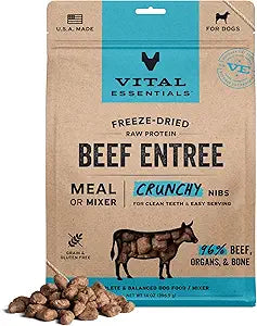 Vital Essentials Freeze Dried Dog Food, Raw Beef Crunchy Nibs | Complete Meal or Topper | 96% Beef, Organs & Bone | Limited Ingredient, High Protein, Grain Free Dry Dog Food | 14 oz Bag