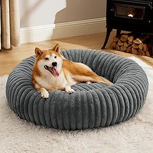 Bedsure ComfyFleece Donut Large Dog Bed - Washable Faux Fur with Corduroy Fleece & Anti Slip Bottom, Round Pet Bed with Removable Cover, Warm Grey, 36x36x8 inches