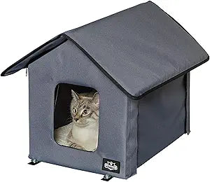 Heated Cat House - Double-Door Cat Bed with Zippered Roof, Pet Heating Pad, and Sherpa Cover - for Garage, Porch, Barn, or Basement by PETMAKER (Gray)