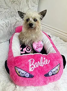 Barbie Plush Car Pet Bed- Themed Plush Pink Pet Bed for Dogs and Cats – Soft and Cozy Pet Bed with Barbie Pillow and Car Design