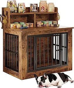 IRONCK Dog Crate Furniture, 33.4 inches Wooden Small Dog Crate with Storage and 4 Hooks, Heavy Duty Pet Crate for Small Dog, Decorative Pet Cage for Indoor (19.3" L x 33.4" W x 37.4" H)