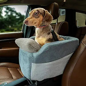 Center Console Dog Car Seat | 11 lbs MAX | Safety Straps & Leash | Comfortable Foam and Plush Pillows | Adjustable Mount Design | Large Storage Pockets | Perfect for Small Pets & Cats (Grey)