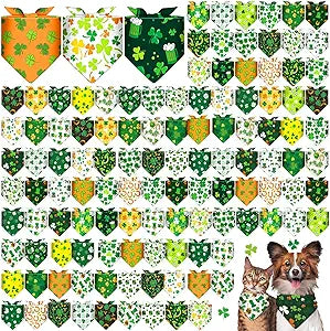 Sanwuta 120 Pcs St. Patrick's Day Dog Bandanas Bulk Shamrock Bandanas for Dogs St. Patrick's Day Adjustable Washable Pet Triangle Scarf Green Dog Scarf for Small and Medium Pets, 30 Styles