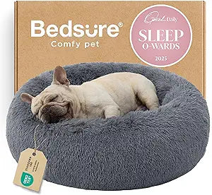 Bedsure Calming Dog Bed for Medium Dogs - Donut Washable Medium Pet Bed, 30 inches Anti-Slip Round Fluffy Plush Faux Fur Cat Bed, Fits up to 45 lbs Pets, Dark Grey