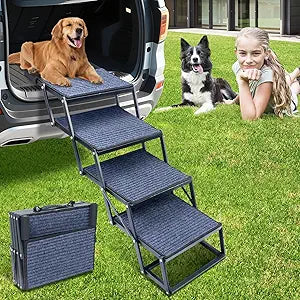 Dog Stairs for Car, Foldable Dog Ramp for Large Dogs with Removable Non Slip Surface, Supports Up to 250 LBS, Portable Pet Stairs for Car Truck SUV RV Bed Couch, 4 Dog Steps