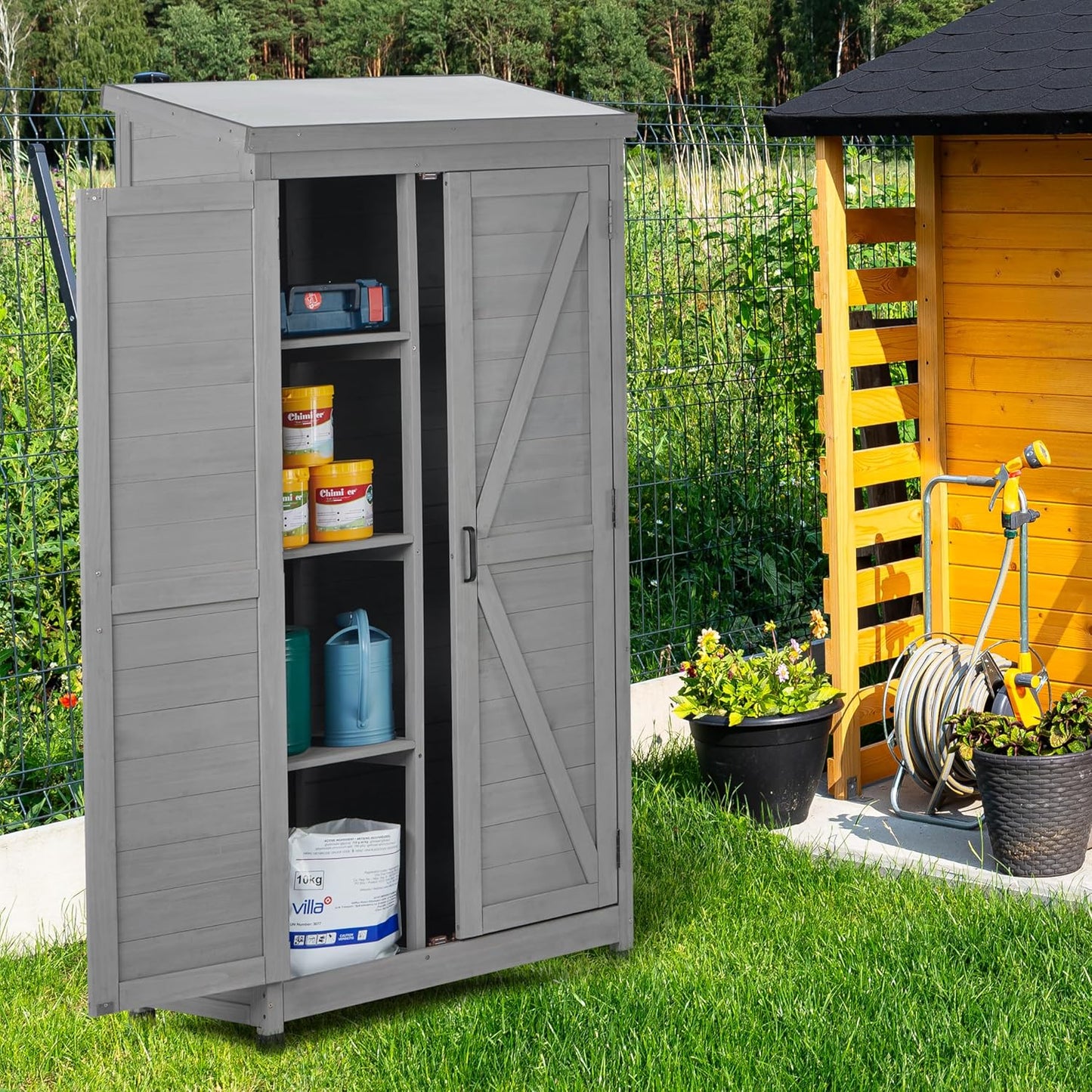 GM Ultra 68 Inches Outdoor Storage Cabinet and Metal Top,Garden Shed,Outdoor Wood Tall Shed for Yard Patio,Outdoor Wooden with Top Vertical Tool Backyard Garden Patio Lawn (Gray)