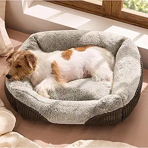 Bedsure Washable Dog Bed Small Medium Size Dog - Rectangle Fluffy Plush Pet Bed Puppy Bed, Comfy Corduroy Fleece and Nonskid Bottom,25x21x7inches,Suitable for Pet Up to 20lbs,Brown