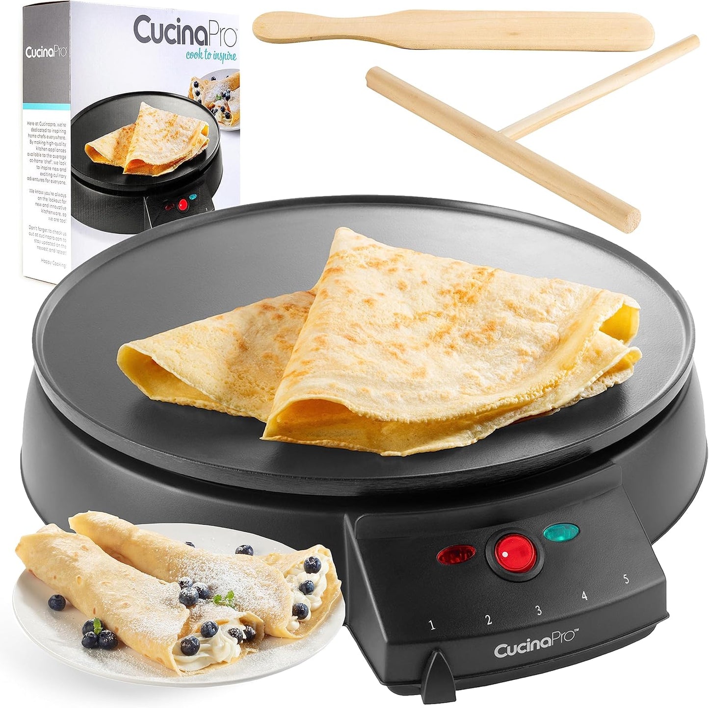 12" Griddle & Crepe Maker, Non-Stick Electric Crepe Pan w Batter Spreader & Recipe Guide- Dual Use Hot Plate for Morning Blintzes Eggs Pancakes- Portable, Adjustable Temp Settings- Valentines Day Gift