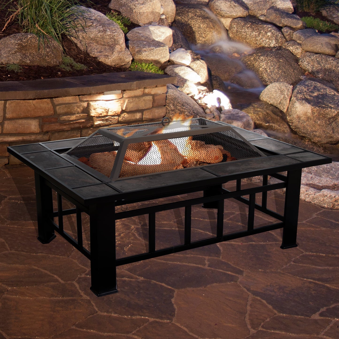 Pure Garden 37-Inch Outdoor Fire Pit with Screen, Cover, and Log Poker (Black)