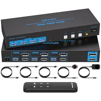 HDMI2.0+ Displayport1.4 KVM Switch 2 Monitors 3 Computers USB 3.0 KVM 8K & 4K Swicthes for 3 Computer Share Dual Monitor and 1 Set of Keyboard Mouse Printer and U Disk. Two USB Cables Included.