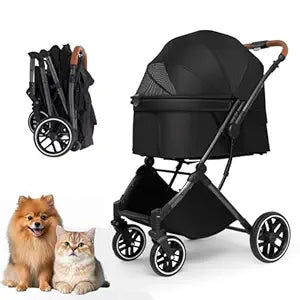 Pet Stroller for Small/Medium Dogs & Cats Up to 50 lbs,4 Wheels Foldable Pet Stroller with Reversible Handle, Removable Pad, Cup Holder,Storage Basket (Black)