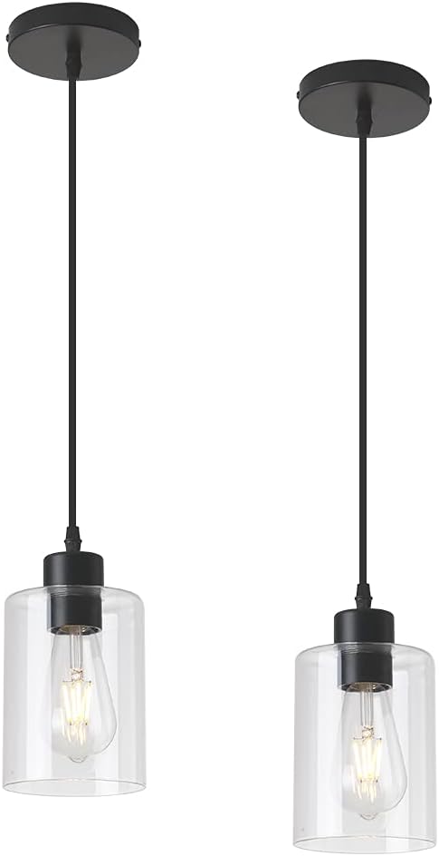 KLSS Modern Black Farmhouse Clear Glass Cylinder Pendant Light Fixture,Island Lights for Kitchen,Mini Pendant Lighting for Kitchen Island Decor - 4.75 Inch Shade 58 Inch Cord (Black 2 Pack)