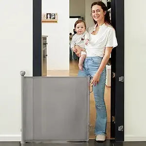 Momcozy Auto Lock Retractable Baby Gate, Safety Gate for Baby and Pet, 33â€ Tall, Extends to 55â€ Wide, Mesh Safety Dog Gate for Stairs, Indoor, Outdoor, Doorways, Hallways