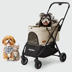 PETTENA Foldable Pet Stroller,4 Wheels Pet Strolling Cart for Small Dogs Cats up to 44 Lbs, Pet Travel Carrier Strolling Cart with Storage Basket, Portable Dog Cat Stroller with Breathable Mesh, Khaki