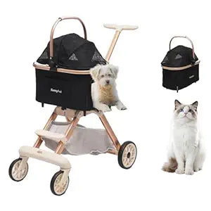 SUNNYFEEL Pet Stroller for Small Dogs and Cats, Aluminum Two-in-one Split, One-Click Foldable Dog Stroller, Holds up to 40 lbs, Storage Basket & Side Bag, Breathable Mesh, Black
