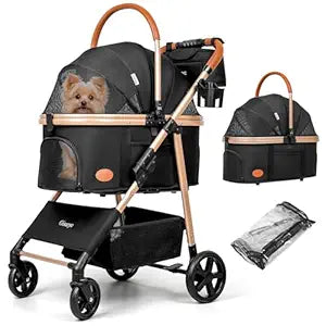 Dog Cat Stroller for Small/Medium Pets up to 50 lbs, 3-in-1 Foldable Pet Stroller with Detachable Carrier, Car Seat, Storage Basket, Cup Holder, Hanging Bag, Rain Cover, All-Terrain 4 Wheels (Black)