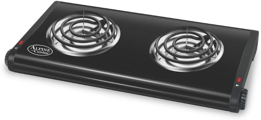 ALPINE CUISINE Electric Double Burner, 1500W, Dual Plate Portable Hot Plate for Indoor Cooking, Adjustable Temperature Control, Compact Design, 120V, Ideal for Home, Dorm, RV, or Travel Use