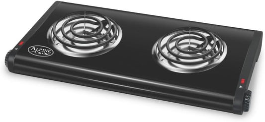 ALPINE CUISINE Electric Double Burner, 1500W, Dual Plate Portable Hot Plate for Indoor Cooking, Adjustable Temperature Control, Compact Design, 120V, Ideal for Home, Dorm, RV, or Travel Use