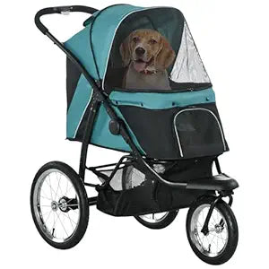 PawHut 3 Wheels Pet Stroller, Foldable Dog Stroller with Adjustable Canopy, Safety Tether, Cushion, Storage Basket, Portable Jogger for Small and Medium Dogs and Cats, Dark Green