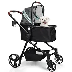 Foldable Dog Stroller, 3 in 1 Pet Stroller for Small Medium Dog Cat up to 50lbs, Detachble Portable Pet Bag, Storage Basket and One-Button Folding Frame