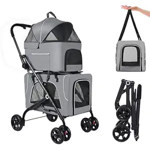 Petmolico Double Pet Stroller for 2 Cats/Dogs Strollers,2 Detachable Cat Carrier,No-Zip Double Pet Travel Storller for Small/Medium Dogs(Grey&Black)