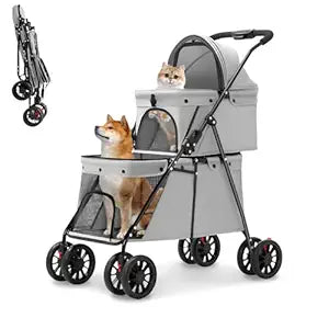 Double Pet Stroller for Medium Small Dogs and Cats with 2 Carriage, Durable Universal Wheels with Brakes Lightweight One Hand Foldale Kittens Puppies Travel Strolling Cart (Gray)