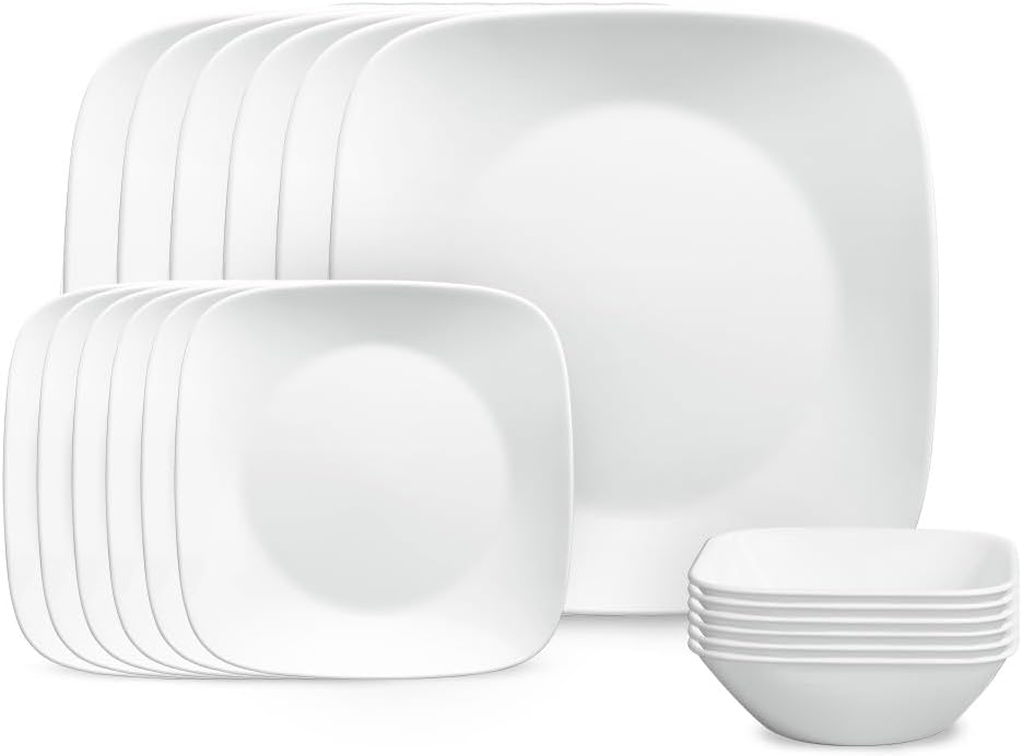 Corelle Vitrelle 18-Piece Service for 6 Square Dinnerware Set Triple Layer Glass and Chip Resistant, Lightweight Square Plates and Bowls Set, Pure White