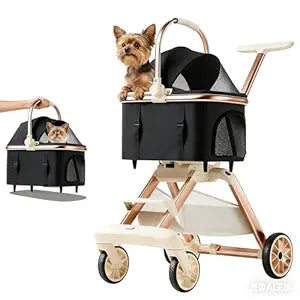 All-Terrain Pet Stroller for Small Medium Dogs & Cats, 30 lbs Capacity - Portable Carrier with One-Touch Brake, Lightweight Foldable Design & Shock Absorption Wheels,Black