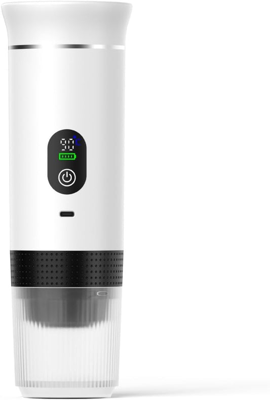 Portable Electric Coffee Maker, Digital Display, Compatible with Coffee Pods,Rechargeable Coffee Machine for Travel, Camping, RV,Home,Office (white)