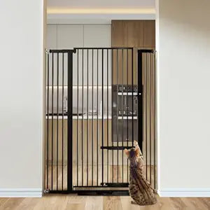 COMOMY 55.1" Extra Tall Pet Gate for Cats, Extra Wide Cat Gate with Adjustable Cat Door, Pressure Mounted Easy Walk Through Pet Gate with Door for Stairs, Doorways, Kitchen(Black, 29.5-40.6")
