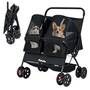 PETSITE Double Pet Stroller, Foldable Double Dog Stroller with 2-Seater Carrier, Adjustable Sunshade, Removable Pad, Safety Belt, Storage Basket, 4-Wheel Pet Travel Cart for 2 Puppies & Cats (Black)