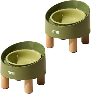 Ceramic Elevated Cat Bowls, Adjustable Raised Double Bowls Set, Pet Bowl with Anti Slip Rubber Pad, Leak-Proof, Stress Neck Free Food & Water Bowls for Small Dogs Geen