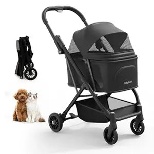 Foldable Dog Stroller for Small Dogs & Cats Portable Compact Pet Stroller Up to 35lbs Medium Pets One Click Folding Large Cat Carriage with Convertible Canopy Storage Basket - Black