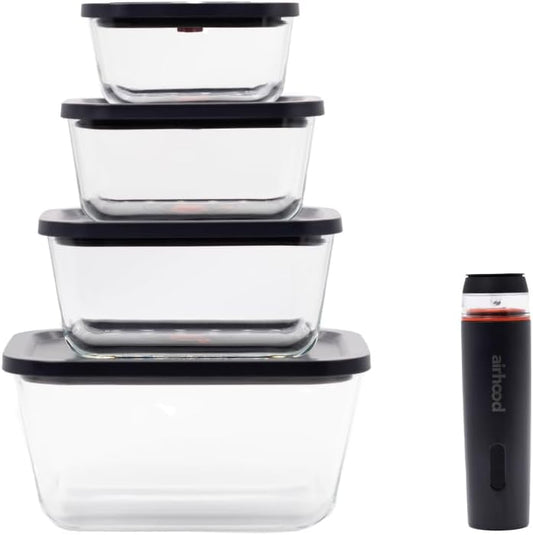 airhood Vacuum Food Storage Container Set | Powerful Electric Vacuum Pump + 4 Borosilicate Glass Containers | Keeps Food Fresh 5X Longer | Microwave, Freezer & Oven Safe | BPA-Free & Stackable