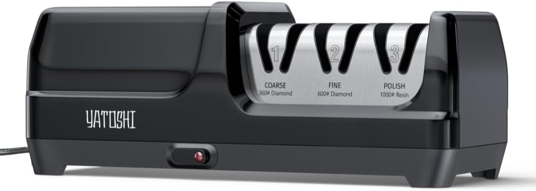 Yatoshi Electric Sharpener, 50-Watt, Diamond Abrasives and Precision Angle Guides, 20-Degree Straight-Edge and Serrated Knives, 3 Stage